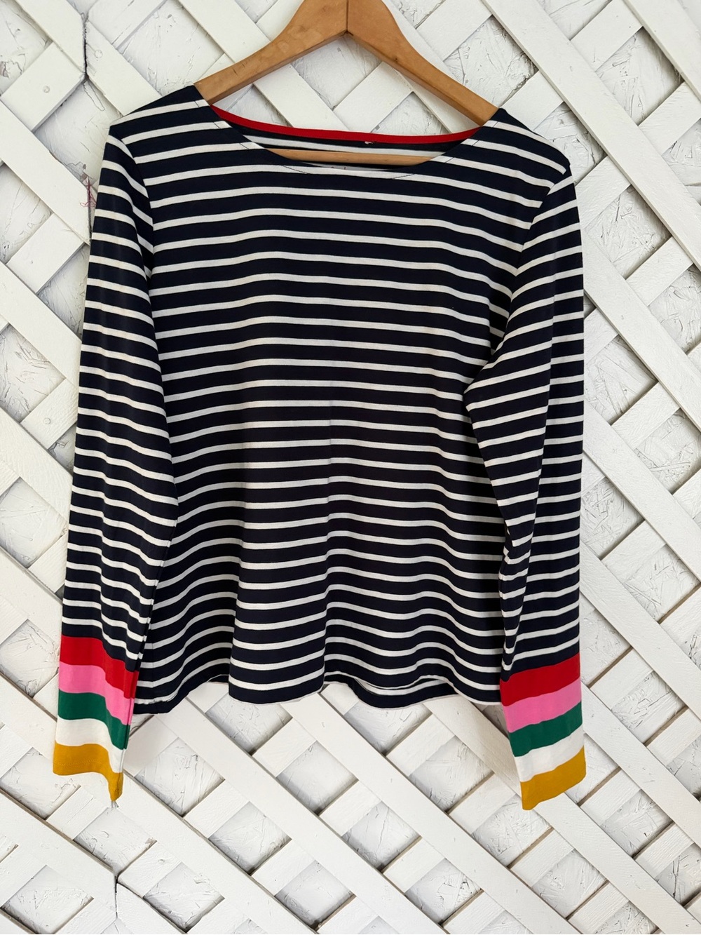 Boden Breton Stripes ahead of the rest Long Sleeve Stripe Tee Rainbow Cuffs sz12